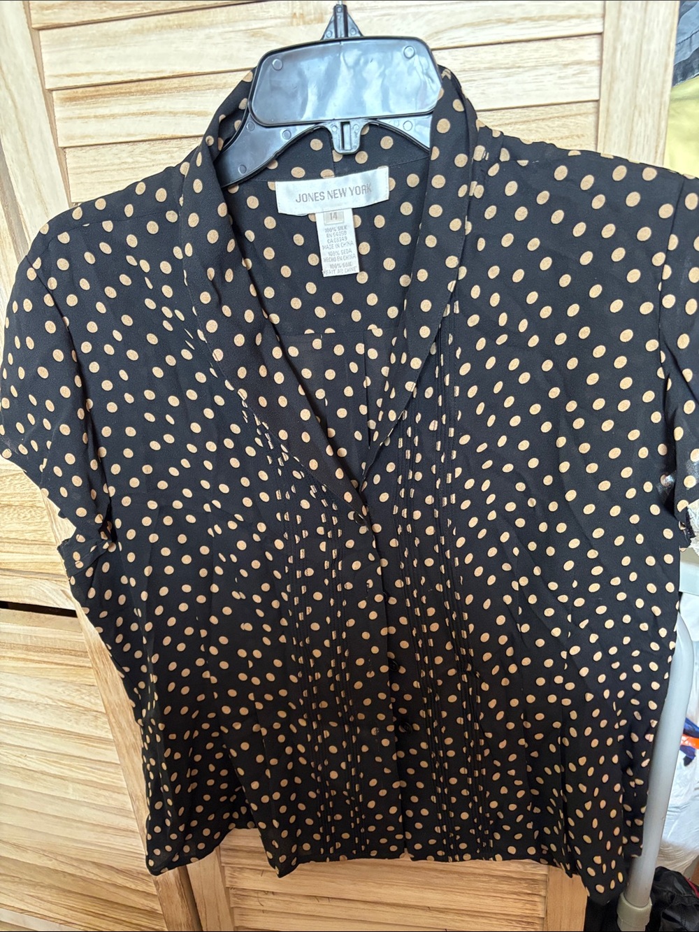 FINAL MARKDOWN Jones New York Black Silk Blouse with Tan Polka Dots 14